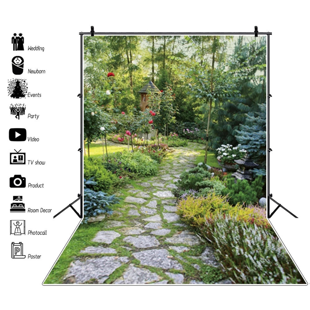 Laeacco Brick House Flowers Yard Arch Gate Photo Backdrop