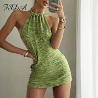Green Backless Mini Dress Beach WoHalter Neck Sleeveless Summer Black Off Shoulder Party Knit Bodycon Dresses Sexy