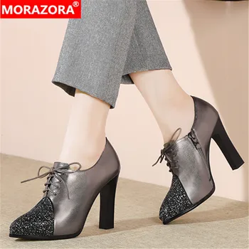 

MORAZORA 2020 new arrival fashion women pumps genuine leather spring high heels shoes thick heels pointed toe ladies shoes