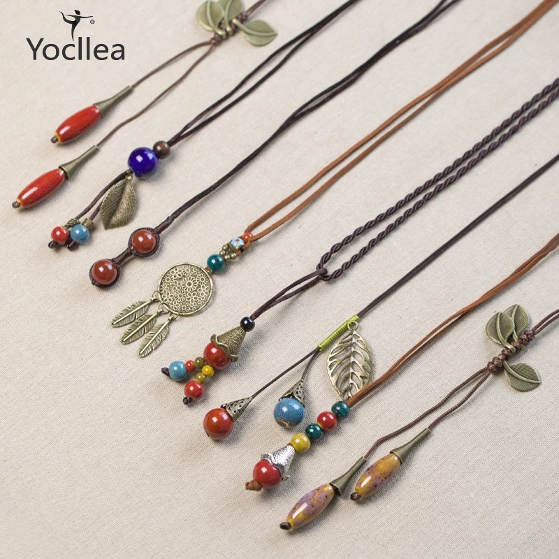 

Long sweater chain pendant Women Cotton Linen Clothes Accessory Trendy Handmade Ceramic Necklace Pendants fashion jewelry