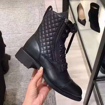 

Patchwork Women Ankle Boots Fashion Genuine Leather Lace Up Women Martin Boots Autumn Winter Combat Short Boots Women Shoes 41
