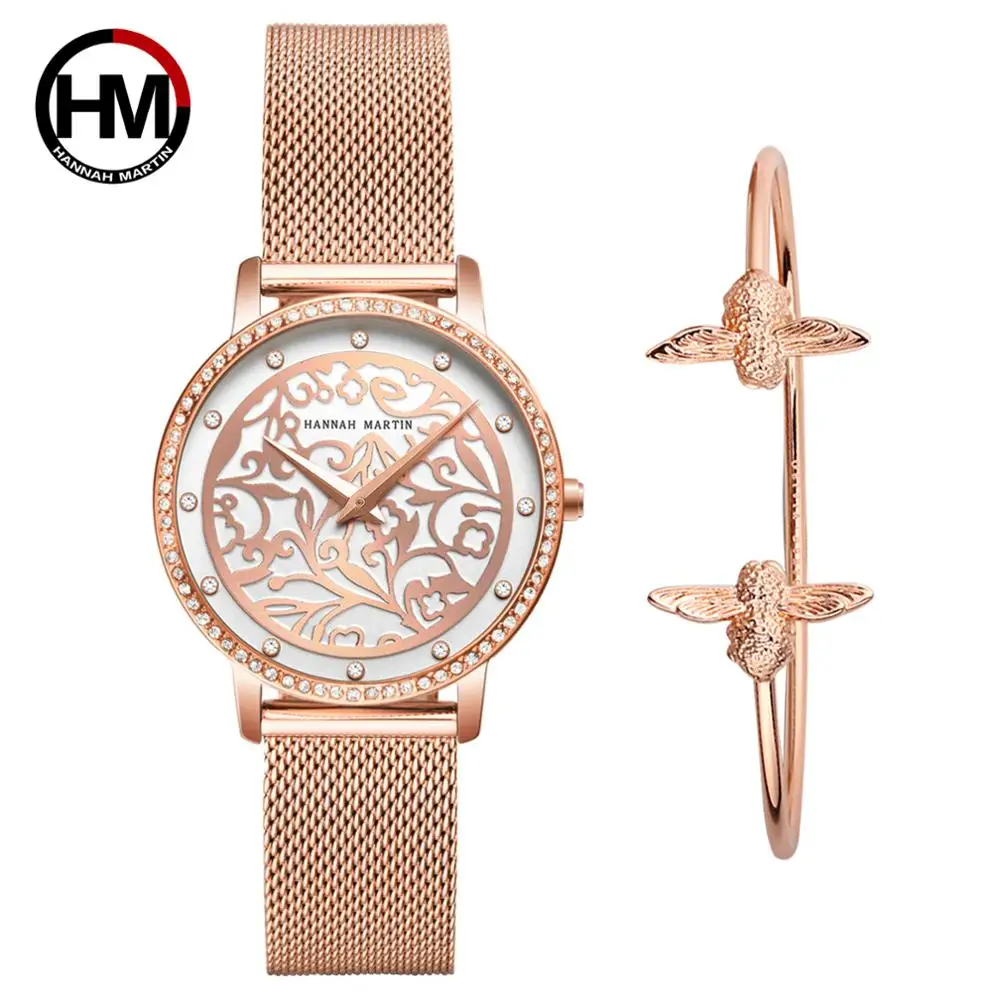 

Franch Design Japan Quartz Waterproof Sculpture Emboss White Flower A Set Fine Bracelet Lady Fashion Casual Watches For Women