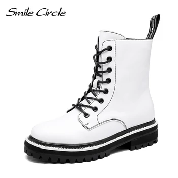 

Smile Circle Ankle Boots Genuine Leather women Short Boots Ladies shoes fashion Motorcycle Casual autumn winter boots black