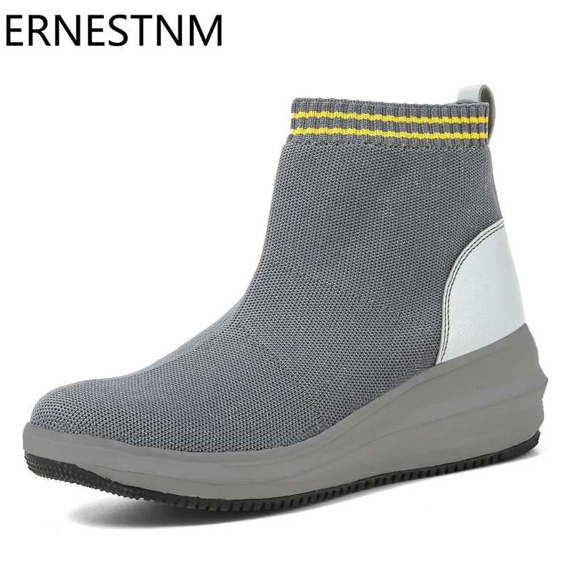 

ERNESTNM Waterproof Mesh Ankle Boots for Women Slip-On Keep Warm Short Plush Womens Shoes Wedge High Heel Botas Mujer Invierno