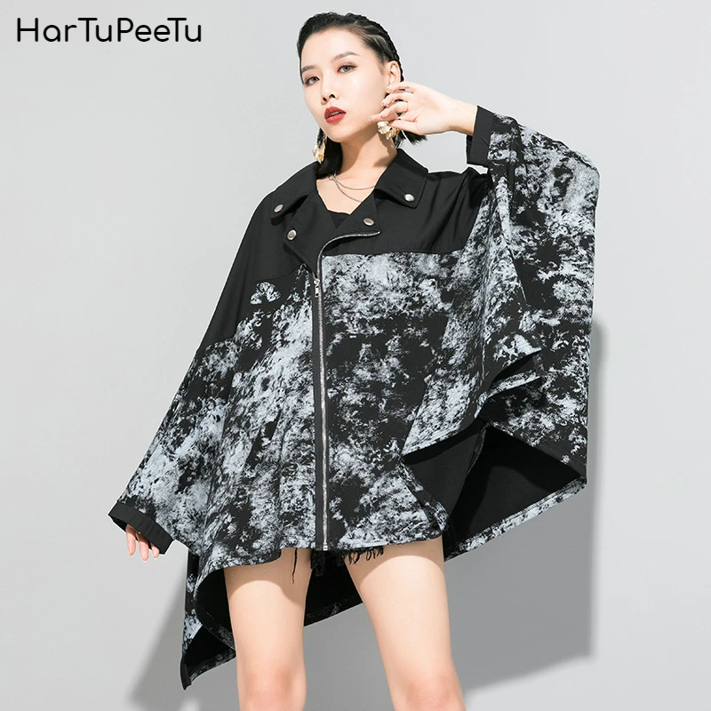 

Oversize Jacket Women Batwing Sleeve Zipper Coat Irregular Print Partchwork Loose Casual Streetwear 2020 Spring Autumn Fashion