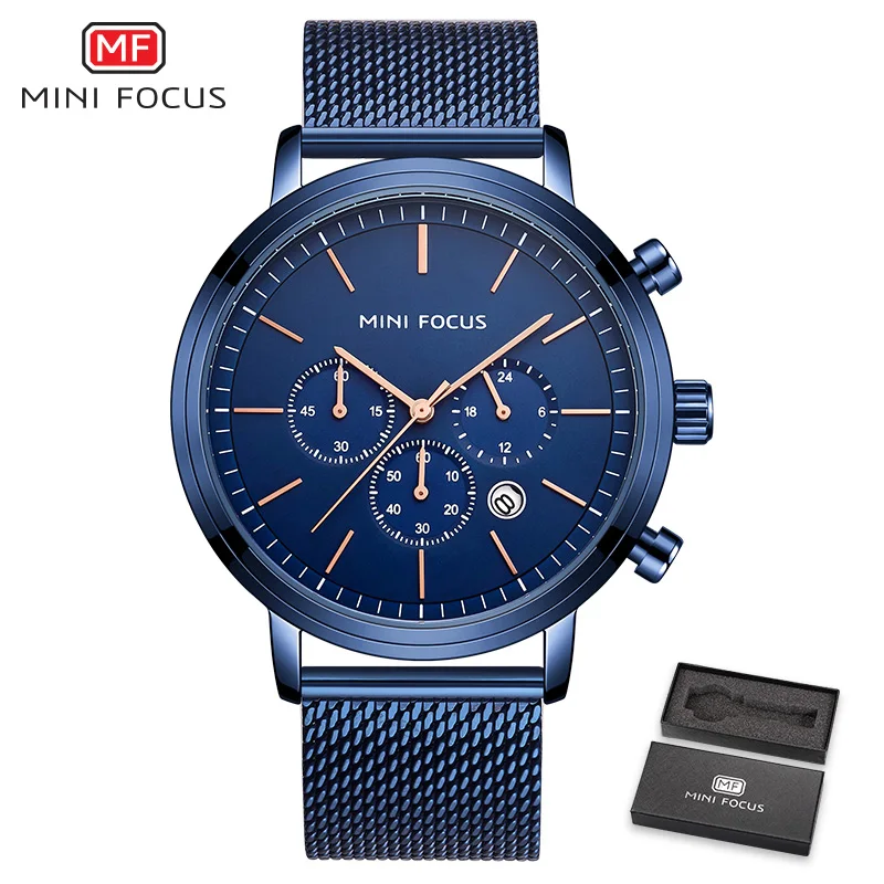 MINIFOCUS, модные мужские наручные часы, роскошный дизайн, кварцевые часы для мужчин, 30 м, водонепроницаемые, синие, из нержавеющей стали, с сетчатым ремешком, Reloj Hombre - Цвет: blue watch