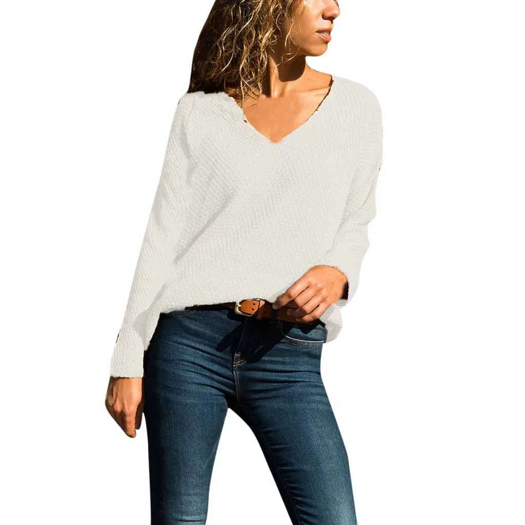 Jaycosin Fashion Casual Lady Long Sleeve V-neck Sweater Stylish Comfortable Soft Solid Color Knitting Slim Blouse Sweater Tops