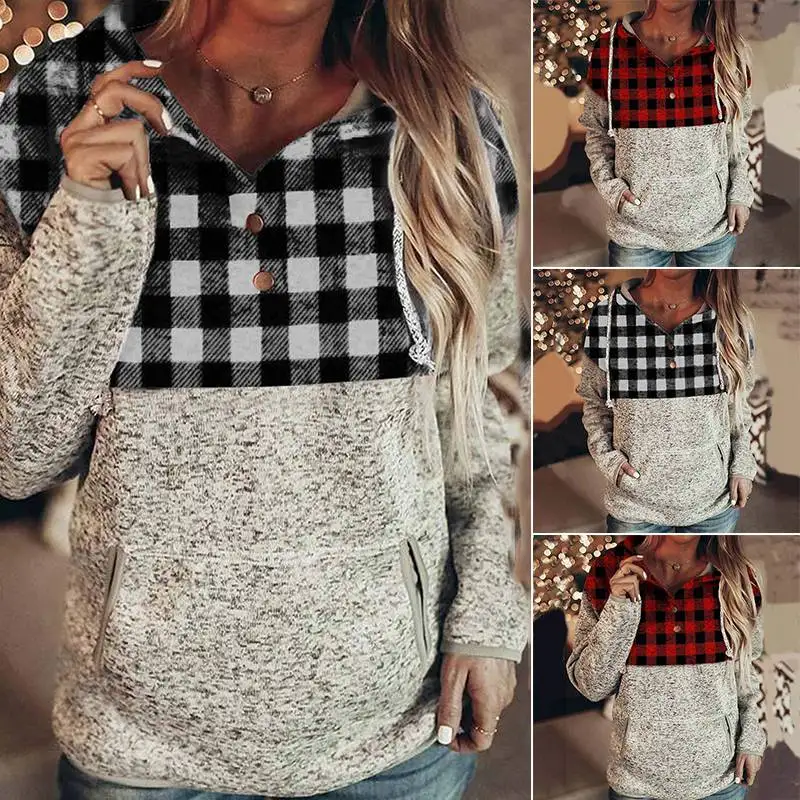

Womens Button Collar Drawstring Stitching Plaid Pocket Sweatshirts Hoodies Pullove 2021 NEW Spring Women's Clothing