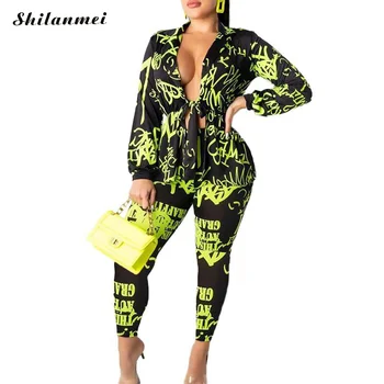 

Women Set Plus Size 2 Pieces Set Sexy Autumn Women Set Female Tops Floral Print Long Sleeve Lady Bodycon Stripe Pants Letter Set