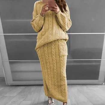 

2020 Women Knitted Set Long Sleeve Pullover Sweater+Strap Dress Sets Solid Color Knit 2 Piece Set Ladies Casual Knitted Suit