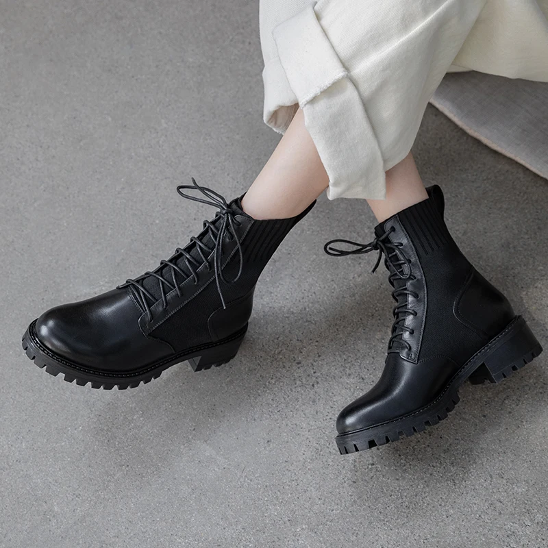 

women's bottomed flat boots soft bottom comfortable Genuine Leather Martin boots Leisure fashion Elastic cloth Ankle Shoes 2019