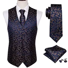 4PC Men Gift Silk Vest Party Wedding Gold Paisley Solid Floral Waistcoat Vest Pocket Square Tie Slim Suit Set Barry.Wang BM-2018