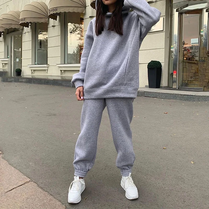 Two Piece Set Casual Fleece Tracksuit Women Winter 2021 Women's Sets Oversized Hooded Long Sleeve Hoodie Sport Pants Lady Suit