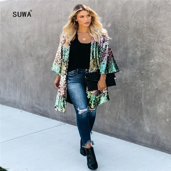 

2020 Colorful Sequins Patchwork Open Stitch Femme Jacket Hot Sale Wholesale Fashion Streetwear Women Long Outerwear