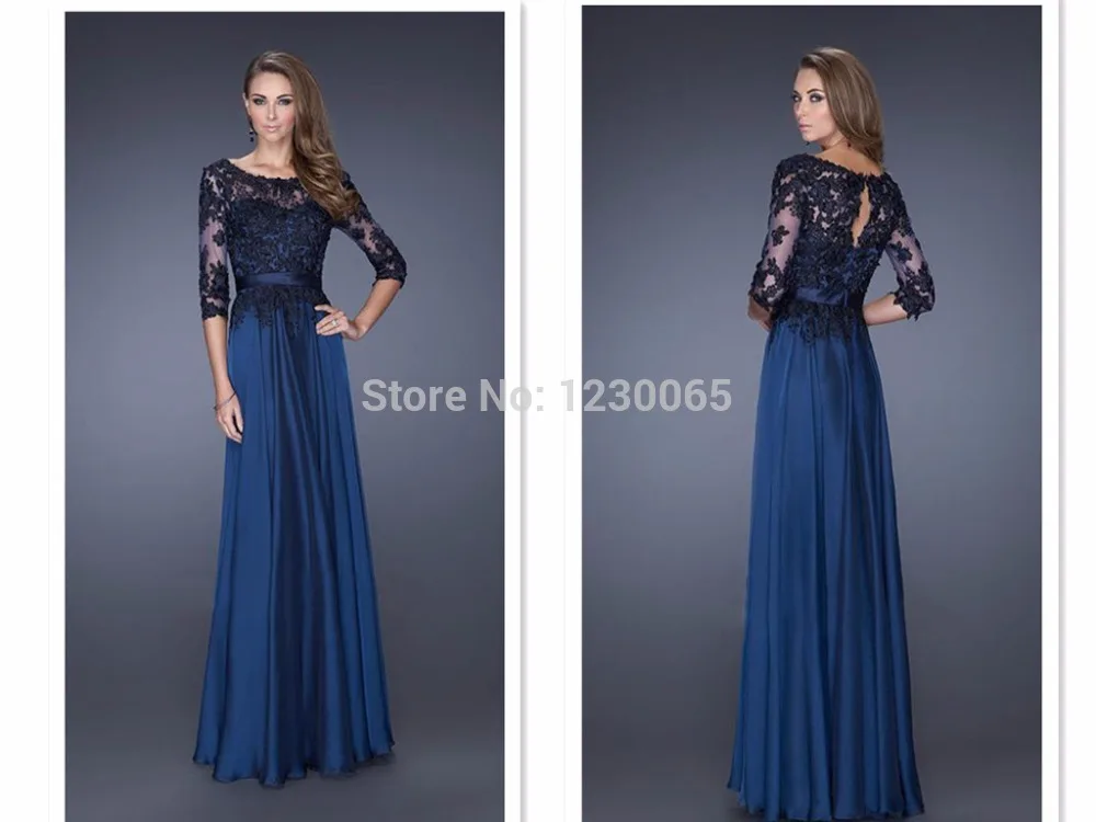 

vestido de festa 2016 O-Neck A Line Floor Length Chiffon Sleeves Lace appliques Formal gown long Evening Dress free shipping