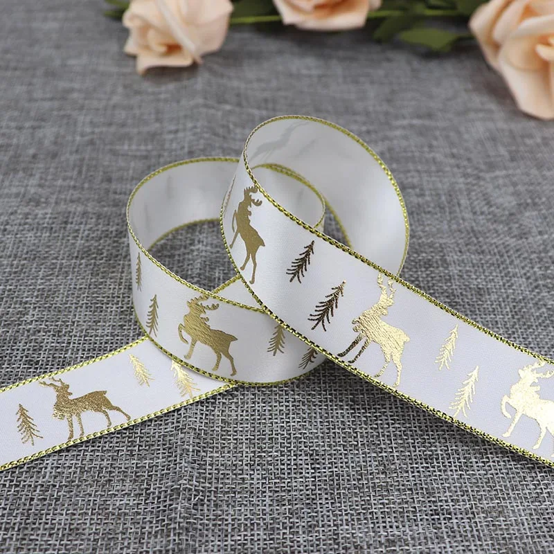 5 Yards 25mm Bronzing Christmas Ribbon Printed Polyester Ribbon For Christmas Decoration Gift Wrapping DIY Sewing Fabric