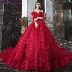 Vestido de noiva женское бальное платье красное свадебное платье 2019 с открытыми плечами пышные рукава соборный поезд кружевное свадебное платье с