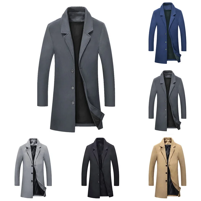 Men Fashion Luxury Double Breasted Woolen Coat New Men Notched Collar Solid Color Long Dust Coats Slim Fit Casual Overcoats