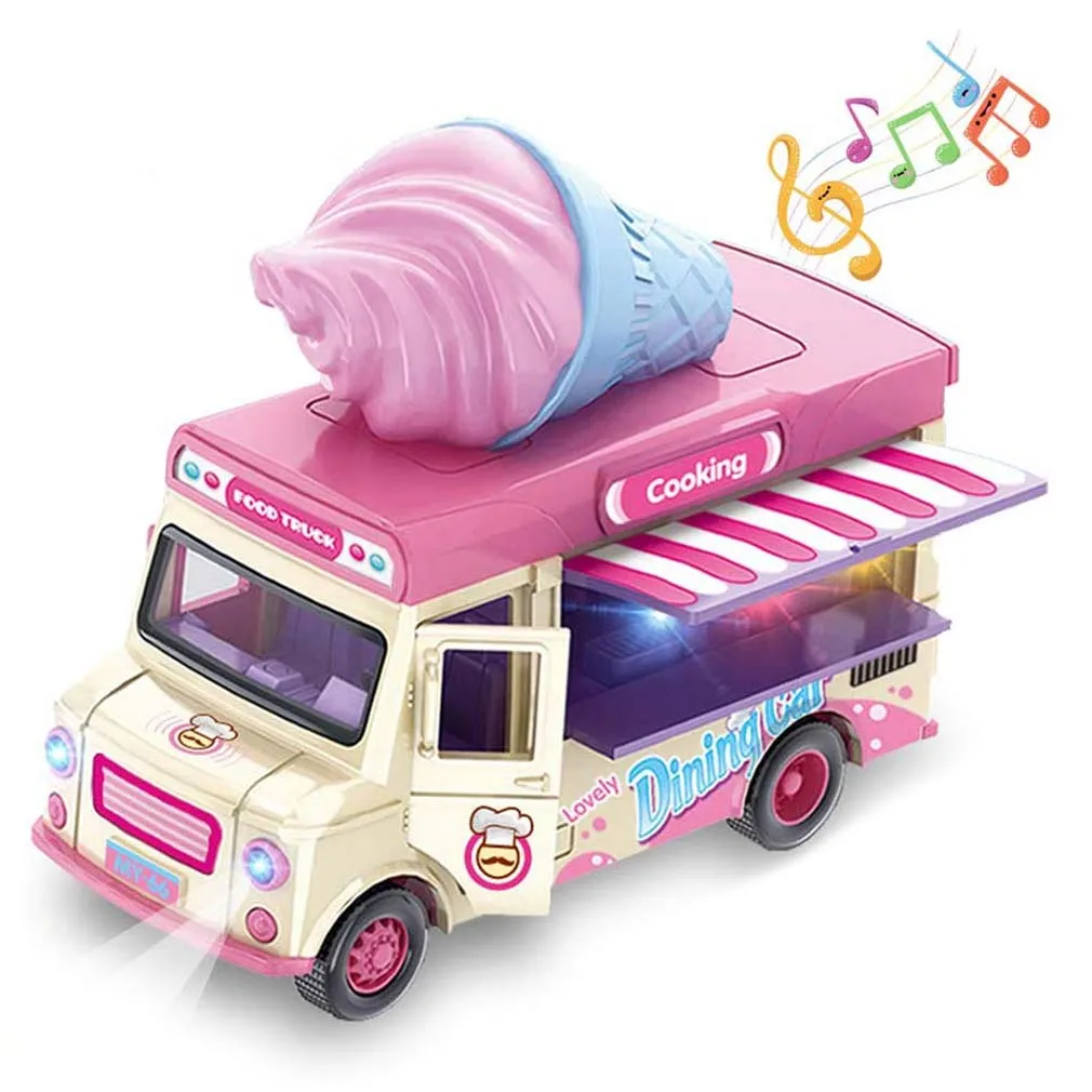 

Pull Back Car Food Truck Vehicle Toy Car with Music Light and Openable Doors Awning, Ice Cream Toy Cart Alloy Toy Trucks