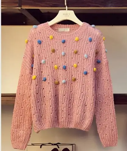 Only Sweater Милый цветной вязаный свитер с аппликацией в виде шариков для волос и юбка из сетчатой ткани с блестками, комплект из двух предметов для женщин на весну и осень - Цвет: Only Sweater