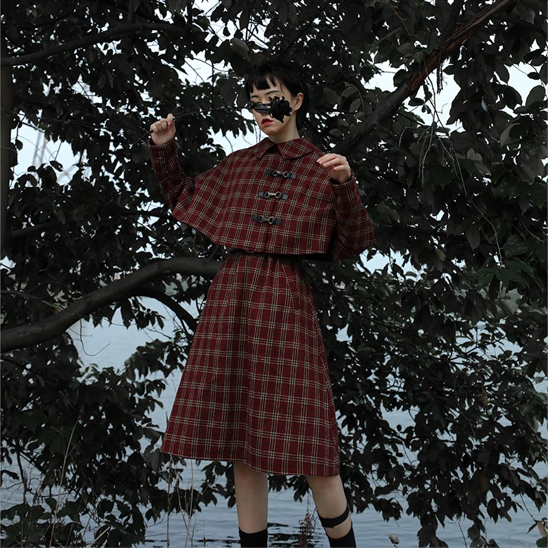 Rode Plaid Wollen Pak Rok Pak Herfst Koreaanse Versie Van De Britse Cape Jas Hoge Taille Victoriaanse Kawaii Meisje Gothic lolita Rode Plaid Wollen Pak Rok Pak Herfst Koreaanse Versie Van De Britse Cape Jas Hoge Taille Victoriaanse Kawaii Meisje Gothic lolita
