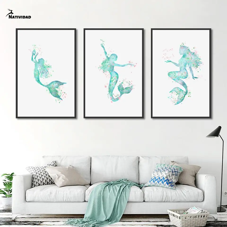 

Nordic Modern Simple Watercolor Mermaid Canvas Painting Wall Art Posters and Prints Pictures for Bedroom Living Room Home Decor