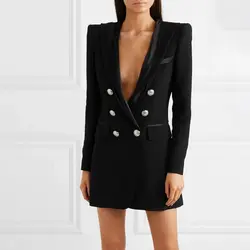 Высокое качество с капюшоном элегантный женский черный блейзер длинный рукав глубокий v-образный вырез Женская куртка, пальто 2019 осень