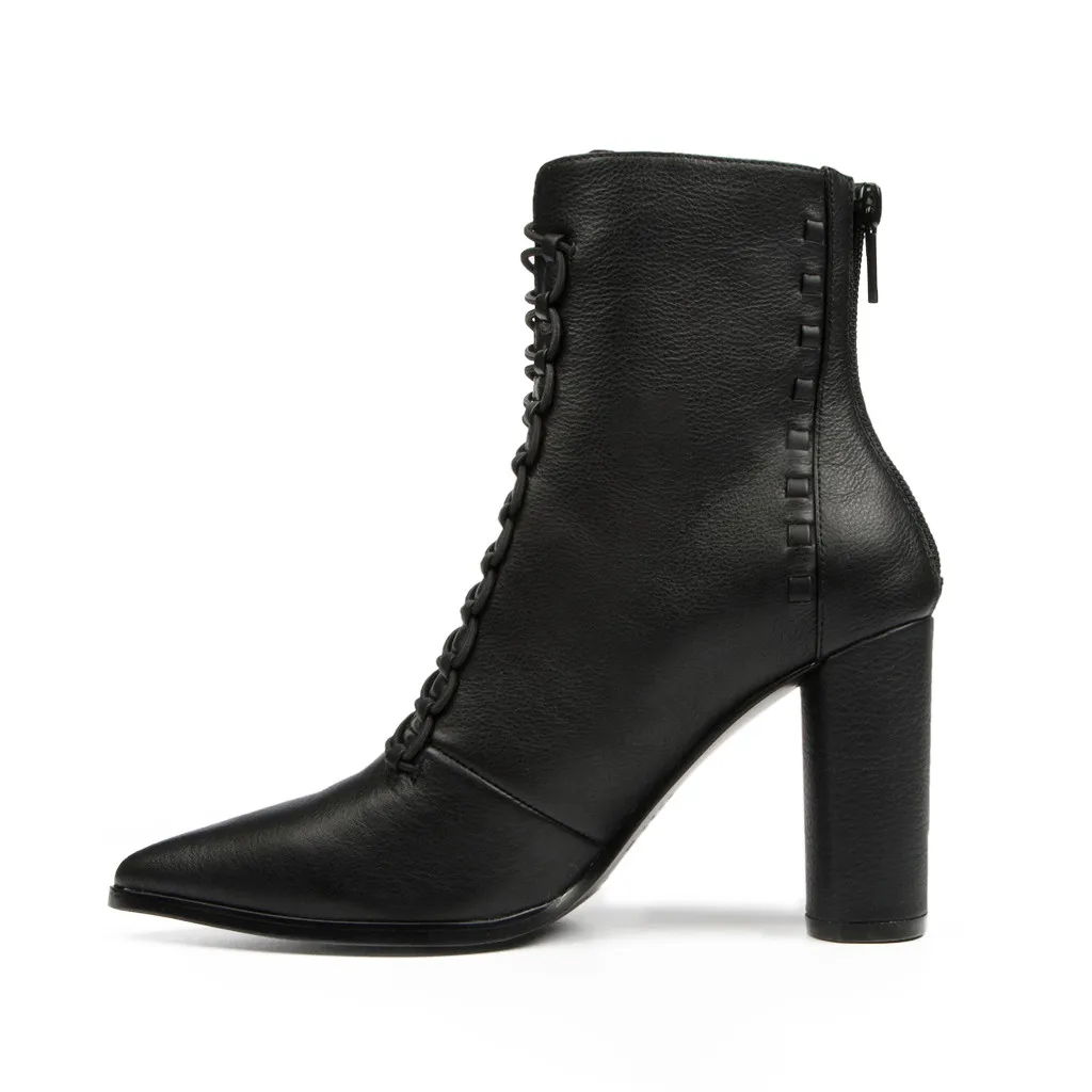 Крутая ковбойская обувь; женские ботильоны с острым носком; весенние повседневные кожаные полусапожки на молнии со шнуровкой; модная пикантная женская обувь на высоком каблуке - Цвет: Черный