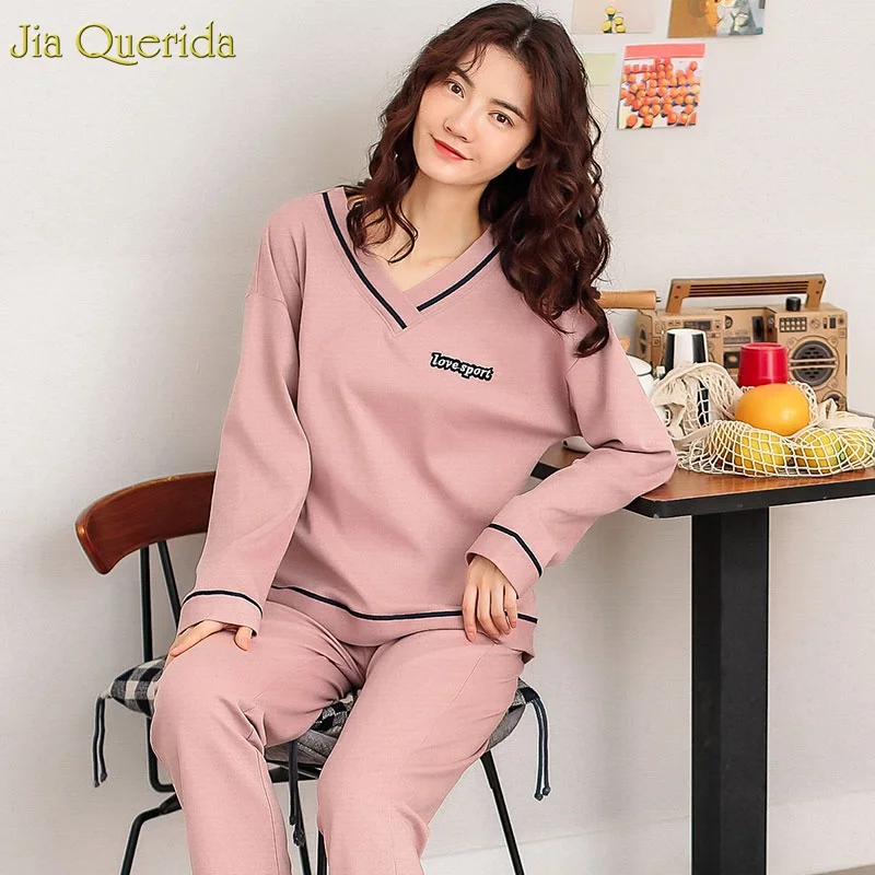 

Pink Pijamas for Women Grace Solid Breatheable 100% Cotton V-neck Leisure Autumn Wide Legs Womens Long Sleeves Sleeping Clothes