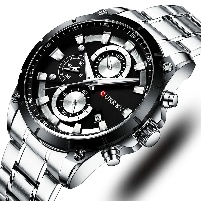 silver black CURREN Синий циферблат Мужские часы Хронограф Мужские спортивные часы Креативный дизайн с датами мужские наручные часы из нержавеющей стали - Цвет: silver black