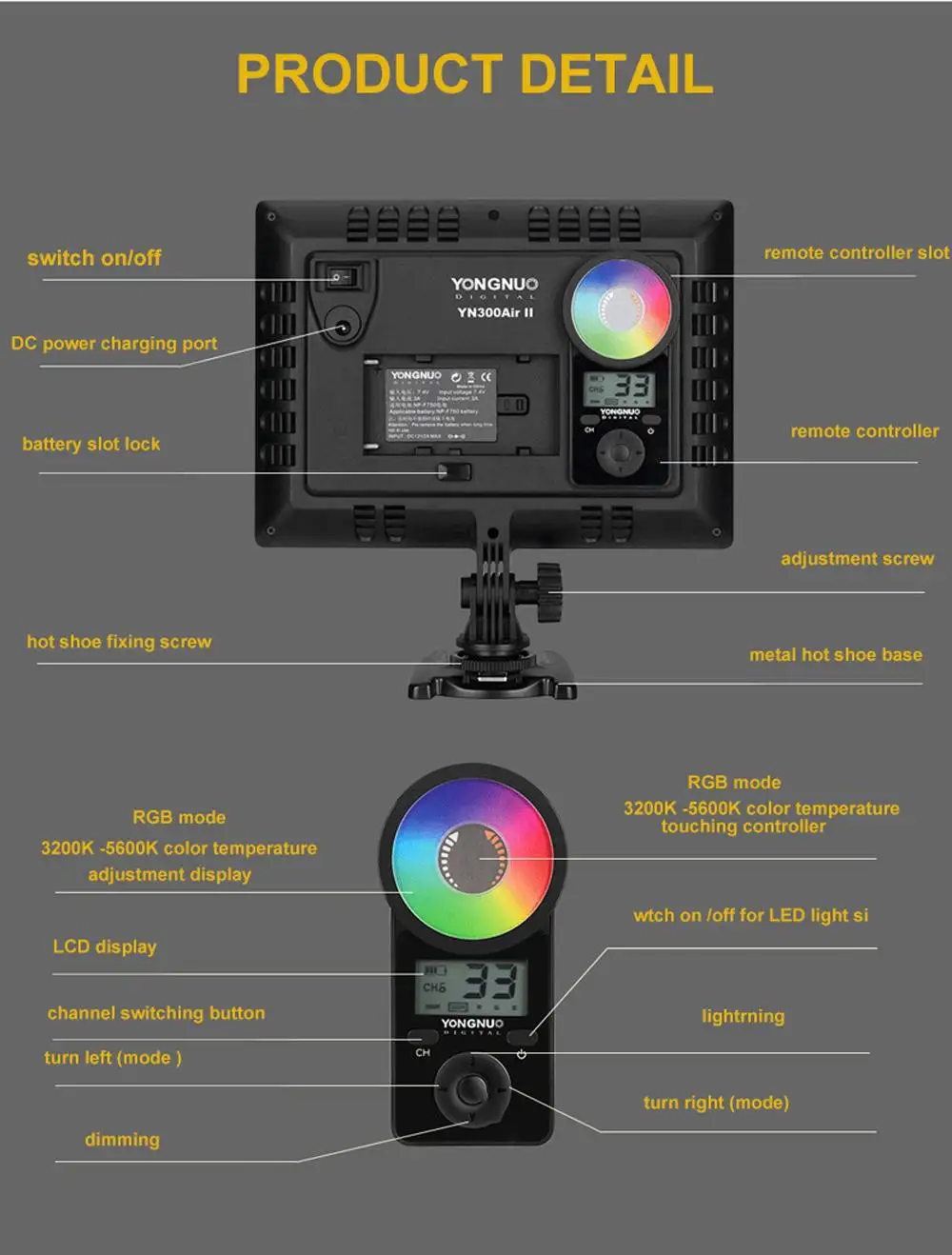 YONGNUO YN300Air II RGB светодиодный светильник для камеры, видео светильник для наружной фотосъемки, полноцветный светодиодный светильник для фотосъемки, студийный светильник для вспышки s
