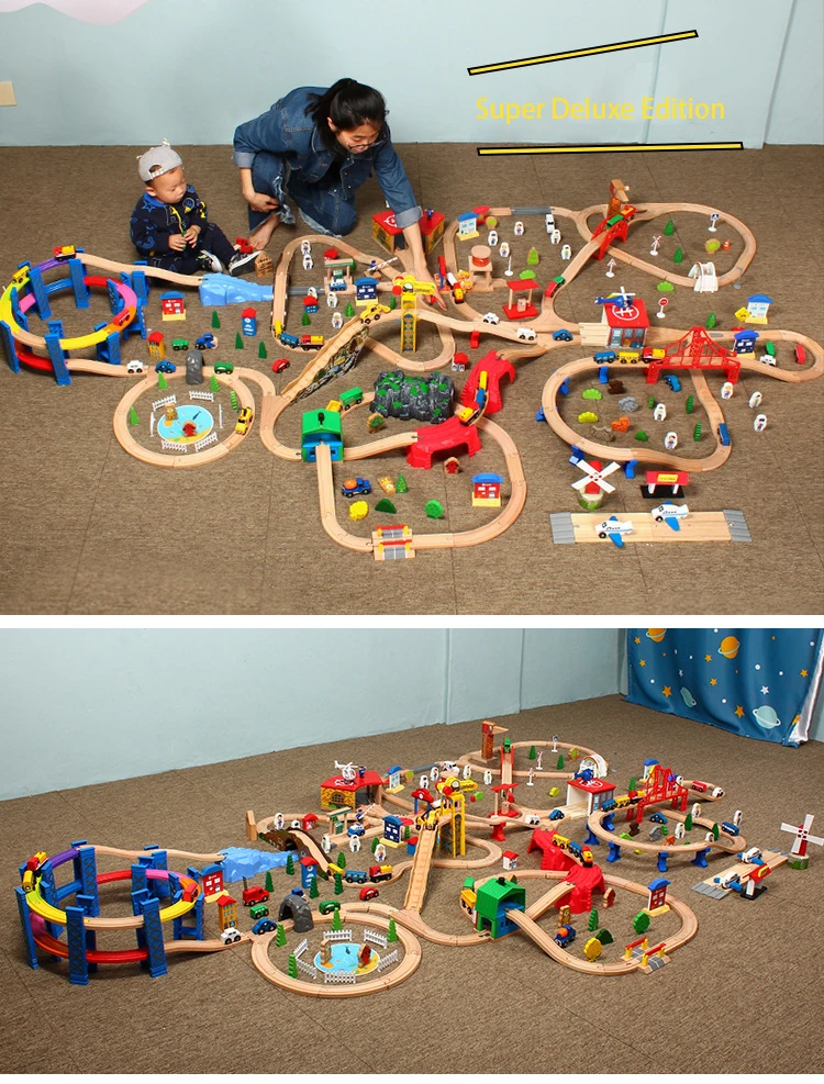 Wooden Train Set Deluxe City Train Tracks Wooden Railway Track for Toddlers 130 pcs 