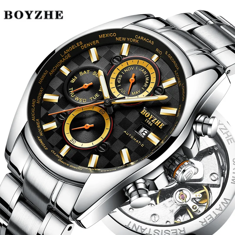 

BOYZHE Men Automatic Mechanical Watch Luxury Brand Waterproof Watch Men Stainless Steel Gold Sports Watches Relogio Masculino