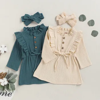 

Summer 2020 Girls Dress Fashion Toddler Kids Baby Girl Solid Linen Button Ruffle Princess Party Dress Clothes Cute casual