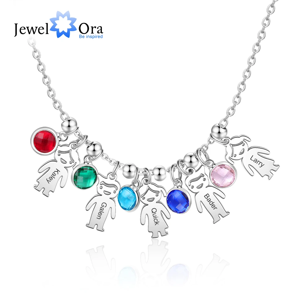 

JewelOra Personalized Boy Girl Pendant Necklace with Birthstone Stainless Steel Customize Engraved Kids Name Necklaces for Women