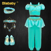 Костюмы на Хэллоуин для девочек Аладдин, жасмин, костюм для мальчиков и девочек детская Аравийский Зеленый одежда принцессы комплект детской одежды Жасмин Цепочки и ожерелья серьги головные Косплэй