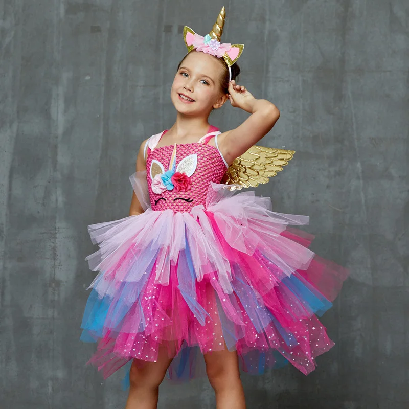 Glittery Unicorn Princess Pageant Flower Girl Tutu Dress Kids Party Costume with Headband and Wings Halloween Cosplay Girl Dresses (7)