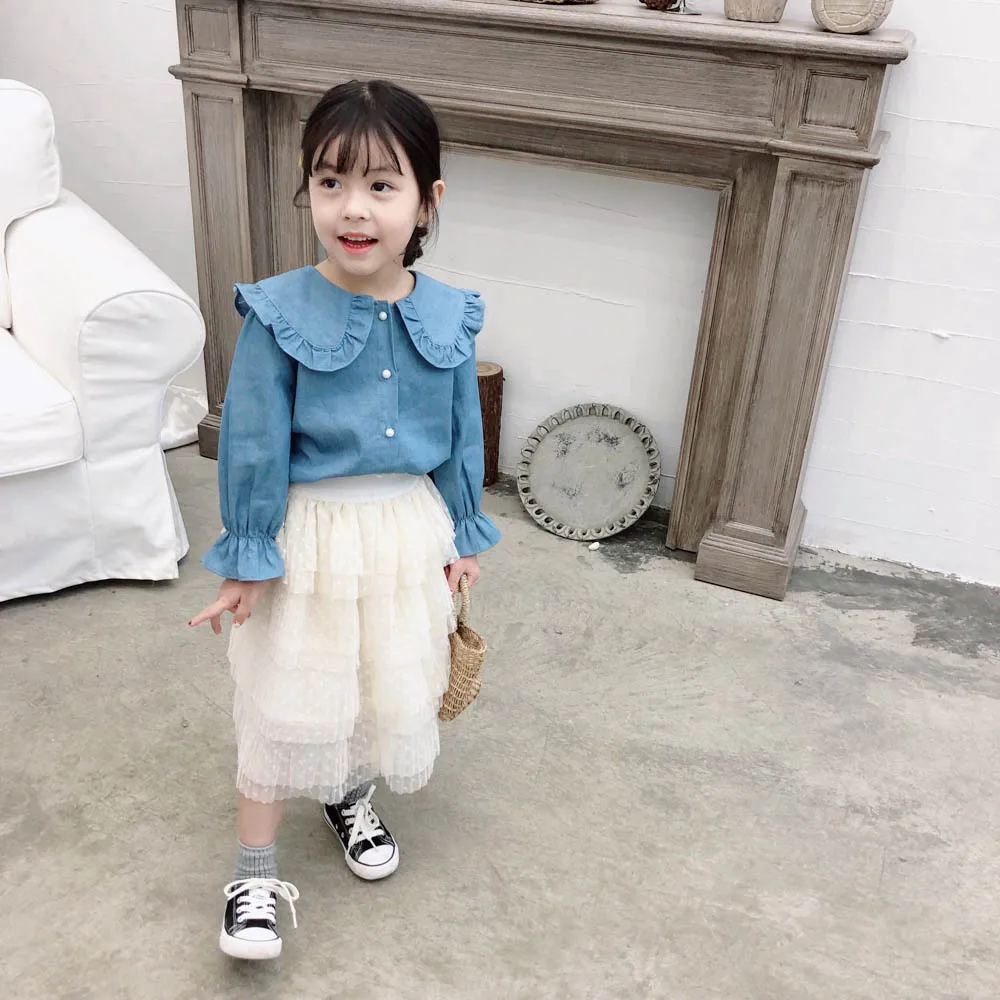 Spring And Autumn New Style Girls Tree Fungus-like Lacework Peter Pan Collar Bell Sleeve Long Sleeve Versatile Jacket Base Shir