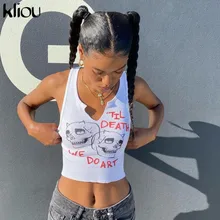 Kliou Эстетическая графика Cyber Y2k уличная Женская шикарная майка без рукавов для активного отдыха 2021 Харадзюку Тощий укороченный топ Kliou Эстетическая графика Cyber Y2k уличная Женская шикарная майка без рукавов для активного отдыха 2021 Харадзюку Тощий укороченный топ