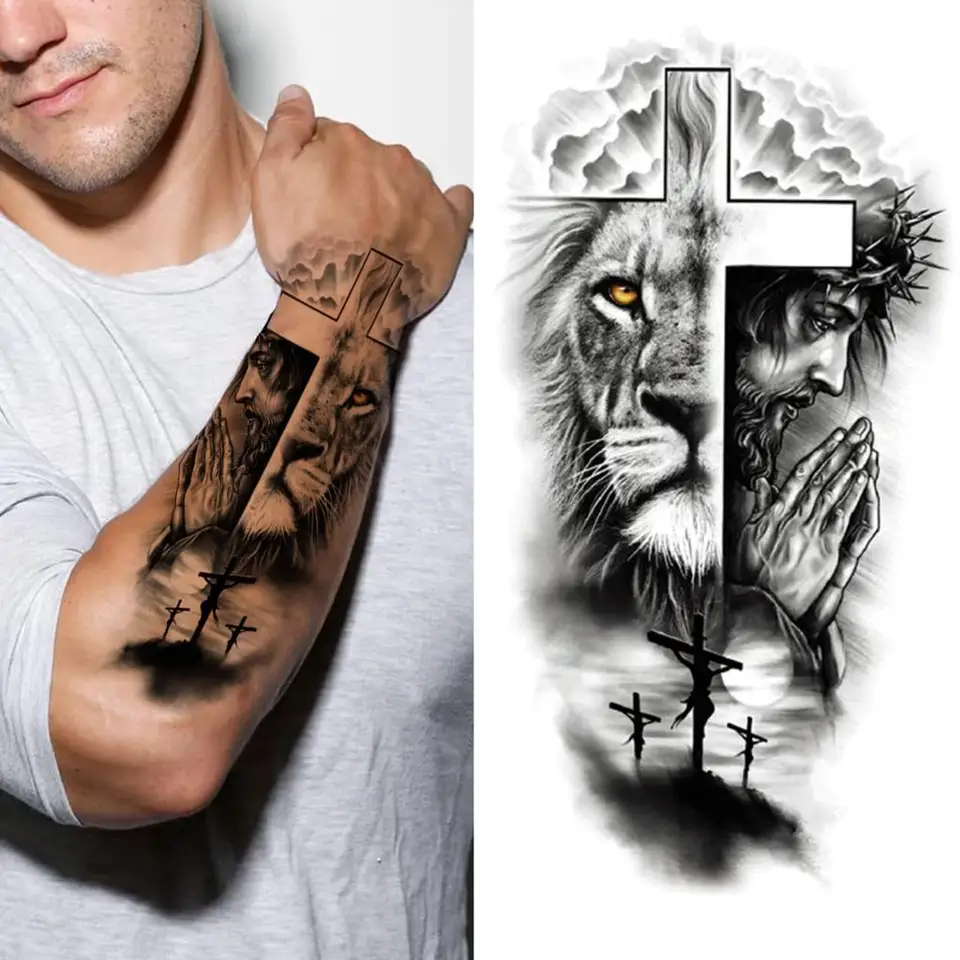 God Cross Lion Temporary Tattoos For Men Women Realistic Compass Lion Fake  Tatoos Forearm Jesus Christ Thigh Tattoo Sticker - AliExpress, image size:960x960