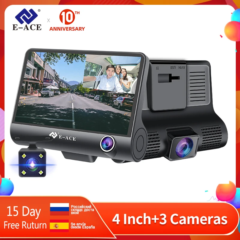 E-ACE Dashcam B28 Автомобильные видеорегистраторы 4 дюйма Автомобильная камера FHD 1080P Авто рекордер Dash Cam 3 объектив камеры регистратор с камерой зад... E-ACE Dashcam B28 Автомобильные видеорегистраторы 4 дюйма Автомобильная камера FHD 1080P Авто рекордер Dash Cam 3 объектив камеры регистратор с камерой зад...