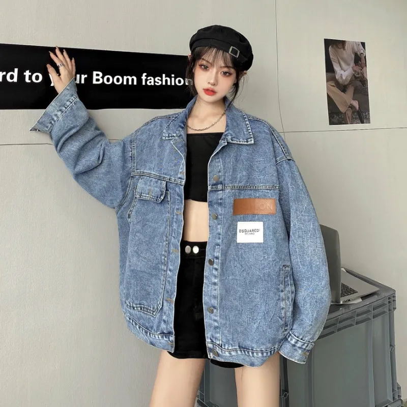 DanceeMangoo Spring New Letter Embroidery Gradient Denim Jacket Women's  Retro Korean Street Loose Jean Coat All-match Top Trendy Outwear