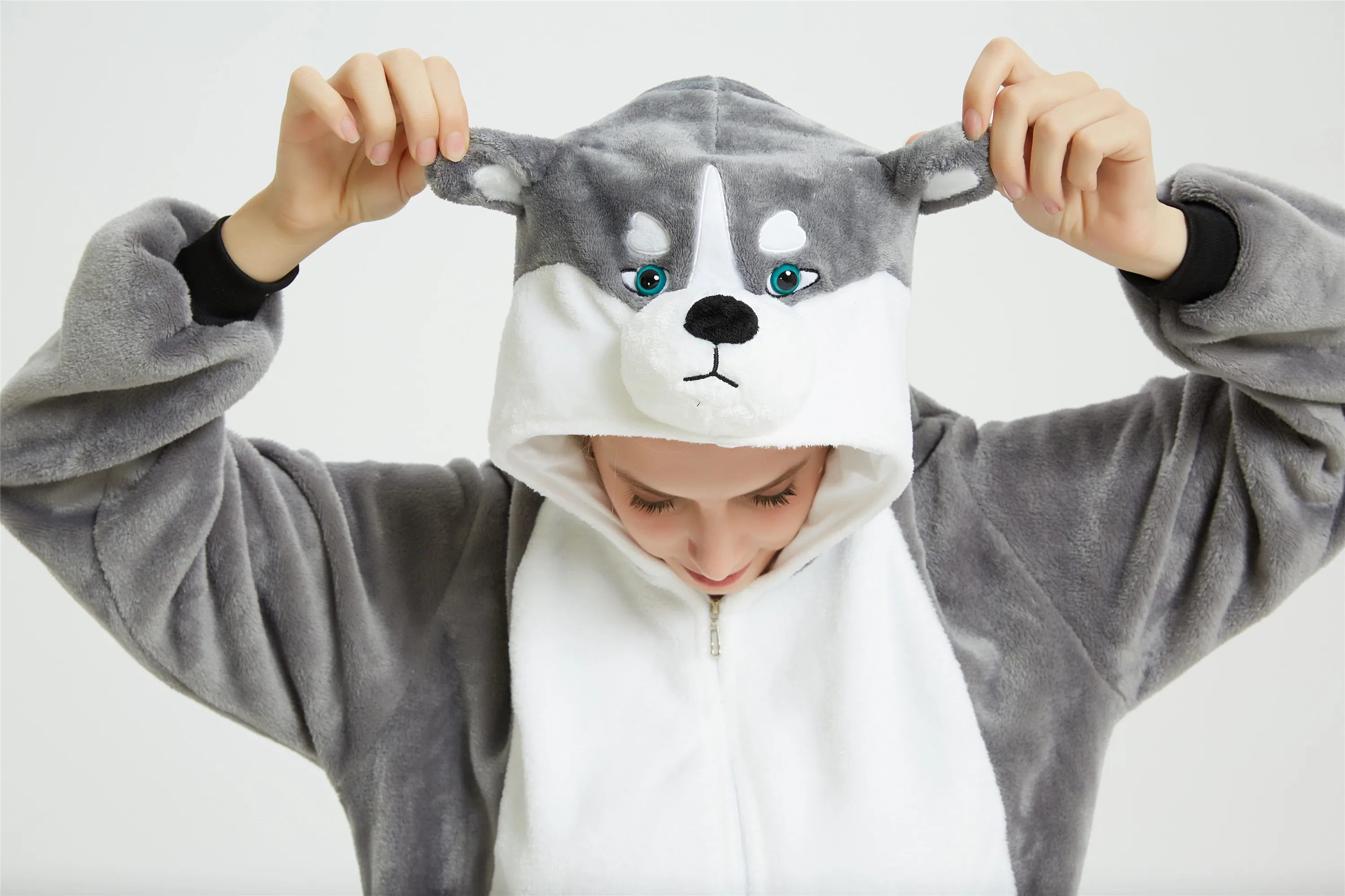 Kigurumi Flannel Adult Huskie Dog Onesie Cartoon Pajama Animal Husky Halloween Party Costume Jumpsuits Hooded Pyjamas