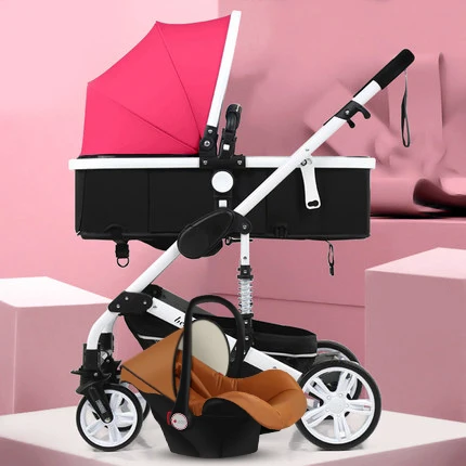 Babyfond 3 в 1 детская коляска с высоким обзором может сидеть на складной двухходовой четырехколесной амортизаторной тележке - Цвет: white tube rose red