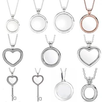 

100% 925 Sterling Silver Sparkling Heart Large Key Crown O Round Lockets Floating Necklace Fit Fashion Charm Trendy DIY Jewelry