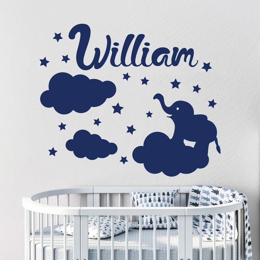 

Cloud Stars Elephant Personalized Name Wall Sticker Vinyl Art Removable Poster Mural Kids Room Decor Custom Name Poster W566