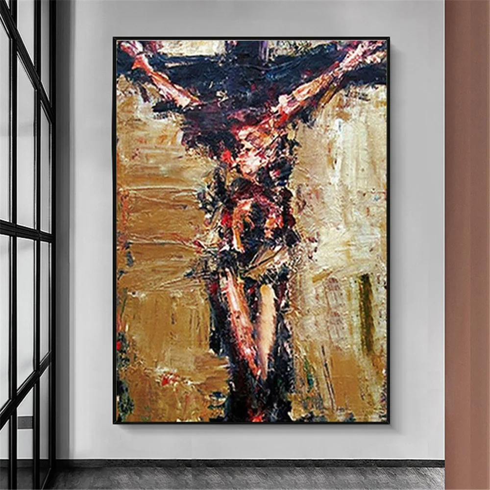 

Large 100% Handmade Kitchen Decoration Mural Handpainted Pray Oil Painting Crucifixion Jesus Canvas Wall Art Artwork