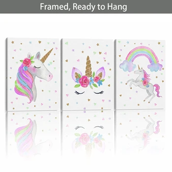 

Framed Ready To Hang Canvas Wall Art for Girl's Bedroom Super Cute Water Color Unicorn Prints for Nursery Girls Bedroom Decor