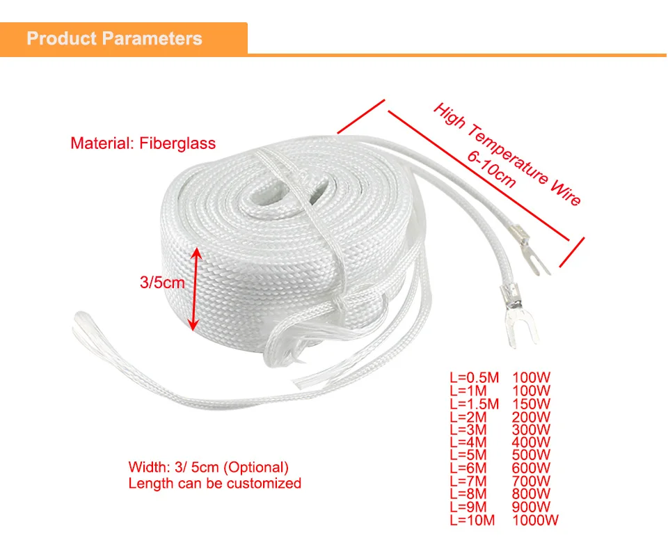 Description Picture 4 of itemFireproof Fiberglass Heating Belt Element 220V 0.5/1/1.5/2/2.5M Length 3cm Width Electric Heater Element for Pipeline