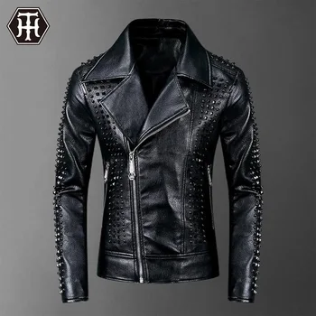 

2020 new light luxury European trend men's PU leather jacket with rivets youth fit suit collar motorcycle leather men's trend